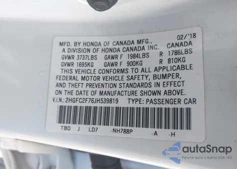 2018 Honda Civic Ex from USA, damaged, VIN 2HGFC2F76JH539819